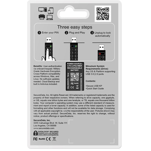 SecureData 16GB SecureUSB KP 256-Bit Encrypted USB 3.0 Flash Drive